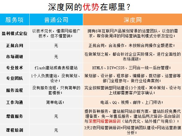 普通建站公司與深度網(wǎng)優(yōu)勢對比圖